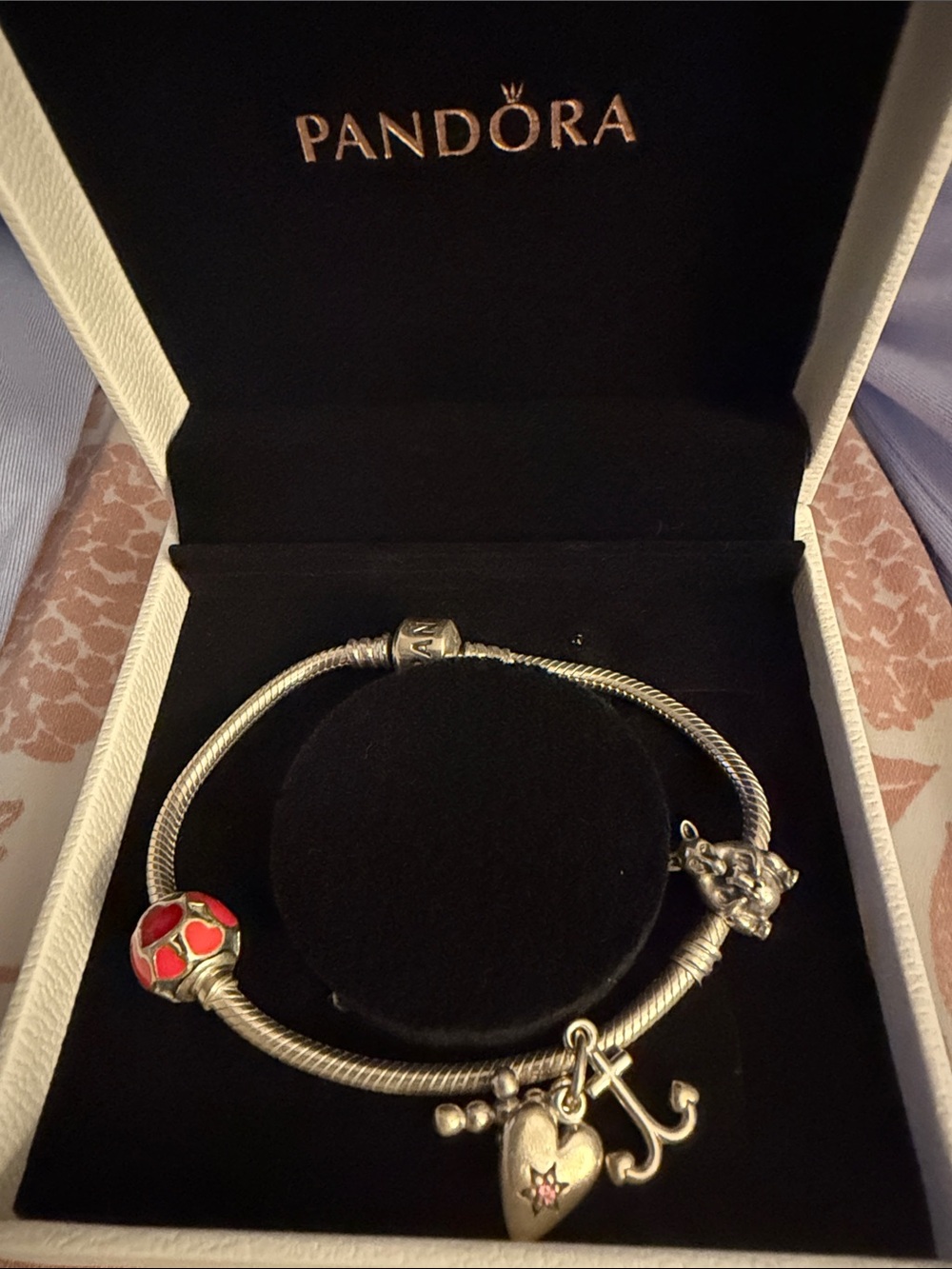 Pandora Silver Bracelet with Red Enamel Bead and Heart Charm